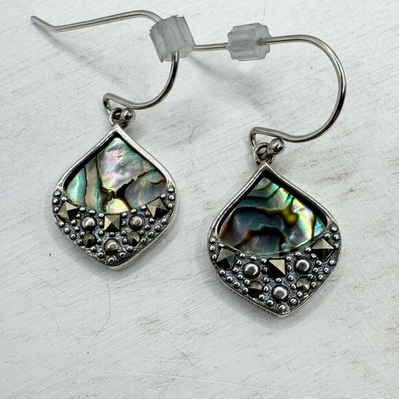 Sterling Silver Abalone Marcasite Sparkling Iridescent Drop Earrings SLC 925 Th - Picture 13 of 16